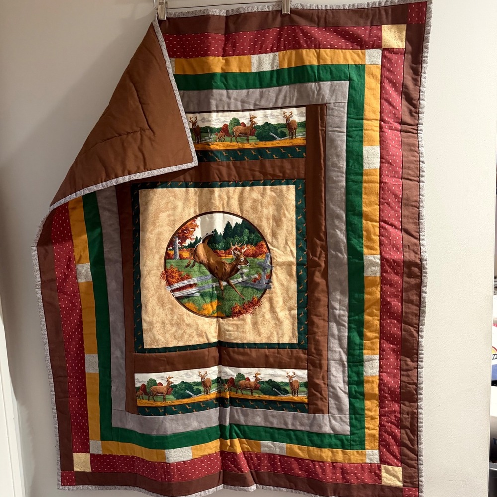 Handmade Deer Wildlife Quilt Throw Brown Green Baby Child Rustic